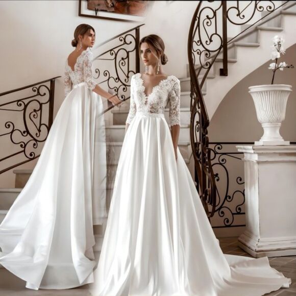 IS-NWT Elegant Long Sleeve Wedding Dresses V-Neck Satin A-Line Bridal Gown - Picture 4 of 7